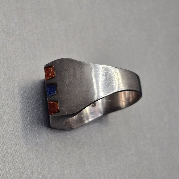 VTG Sterling Silver 925 Lapis & Goldstone Signet Ring Size 9 Inlay 11.39g Mexico - Picture 6 of 9